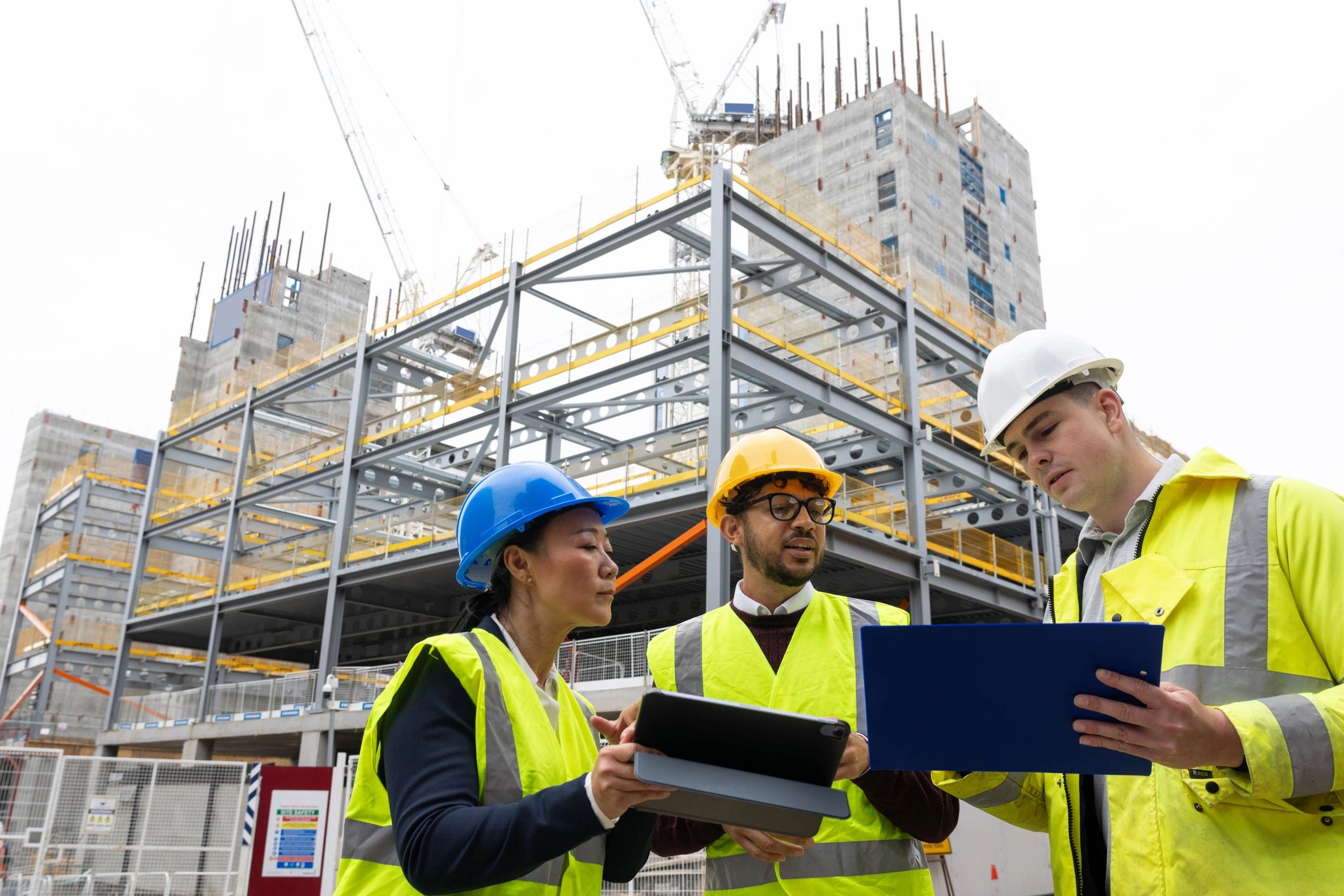 Construction staff discussing plans with a tablet